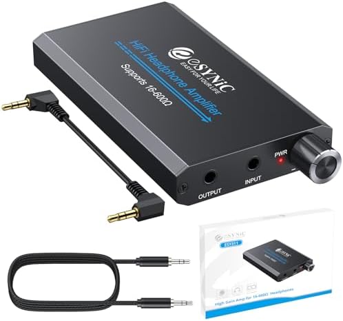 eSynic 16-600Ω Headphone Amplifier Portable - HiFi 3.5MM Audio Headphone Amp Rechargeable with 2-Stage Gain Switch-Aluminum Alloy Case &12H Playtime-0.0005% THD for MP3/Phone/PC/Laptop/Car (3.5mm AUX)