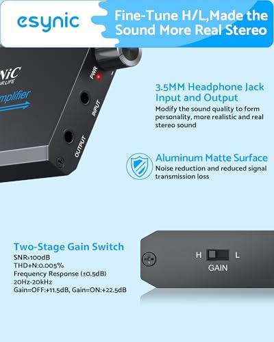eSynic 16-600Ω Headphone Amplifier Portable - HiFi 3.5MM Audio Headphone Amp Rechargeable with 2-Stage Gain Switch-Aluminum Alloy Case &12H Playtime-0.0005% THD for MP3/Phone/PC/Laptop/Car (3.5mm AUX) - Image 2