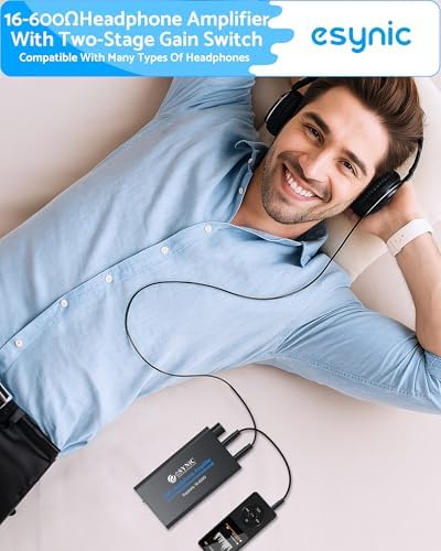 eSynic 16-600Ω Headphone Amplifier Portable - HiFi 3.5MM Audio Headphone Amp Rechargeable with 2-Stage Gain Switch-Aluminum Alloy Case &12H Playtime-0.0005% THD for MP3/Phone/PC/Laptop/Car (3.5mm AUX) - Image 5