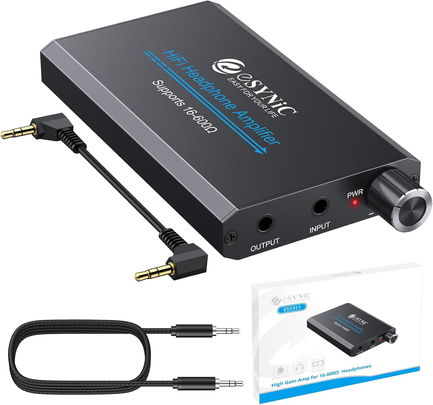 eSynic 16-600Ω Headphone Amplifier Portable - HiFi 3.5MM Audio Headphone Amp Rechargeable with 2-Stage Gain Switch-Aluminum Alloy Case &12H Playtime-0.0005% THD for MP3/Phone/PC/Laptop/Car (3.5mm AUX) - Image 9
