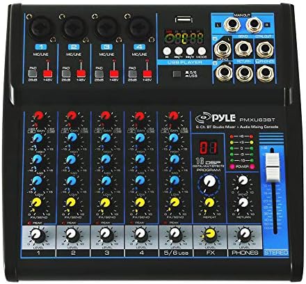 Pyle 6-Channel Professional Audio Mixer - USB - Bluetooth - 48V Phantom Power - Digital MP3 Input - FX 16-Bit DSP - Desk System Interface - PMXU63BT