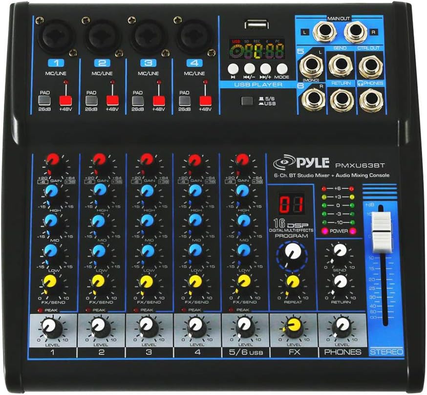 Pyle 6-Channel Professional Audio Mixer - USB - Bluetooth - 48V Phantom Power - Digital MP3 Input - FX 16-Bit DSP - Desk System Interface - PMXU63BT - Image 9